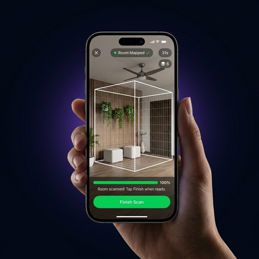 RecallSpace AR app running on iPhone — floating memory anchors in a living room